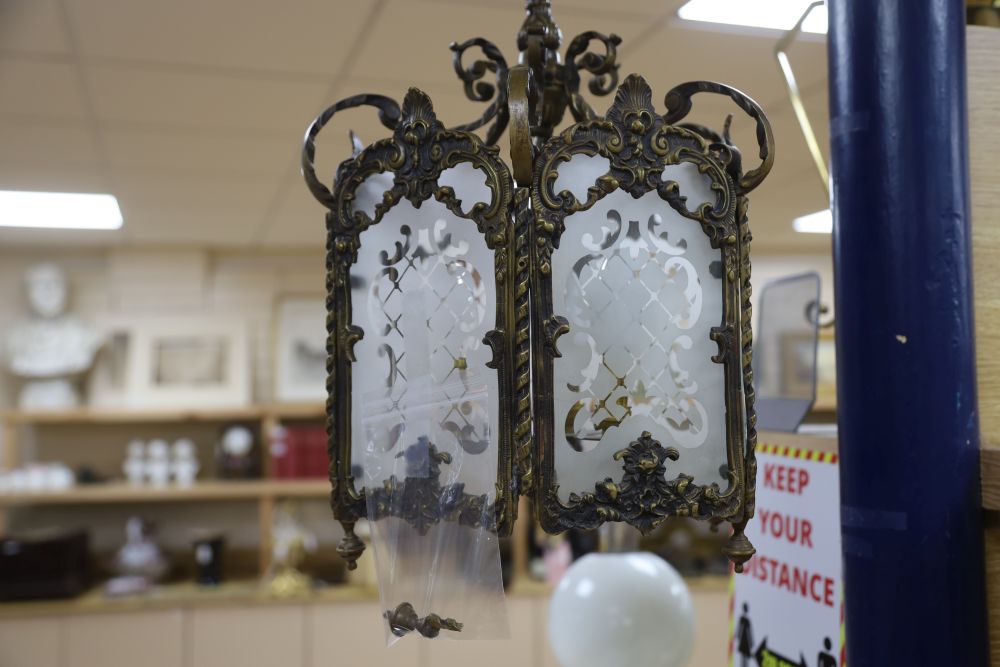 An early 20th century hexagonal hall lantern, drop 60cm